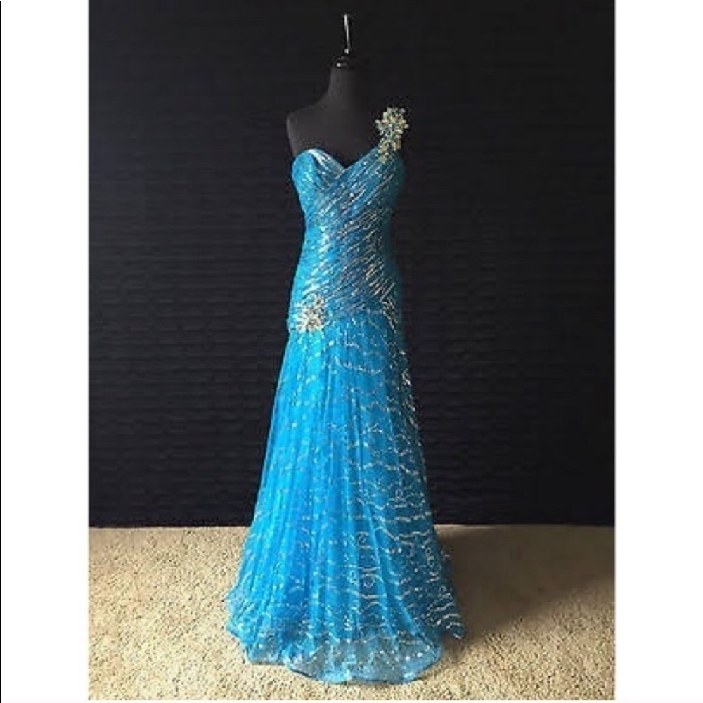 Tony Bowls Blue Peacock Prom Dress